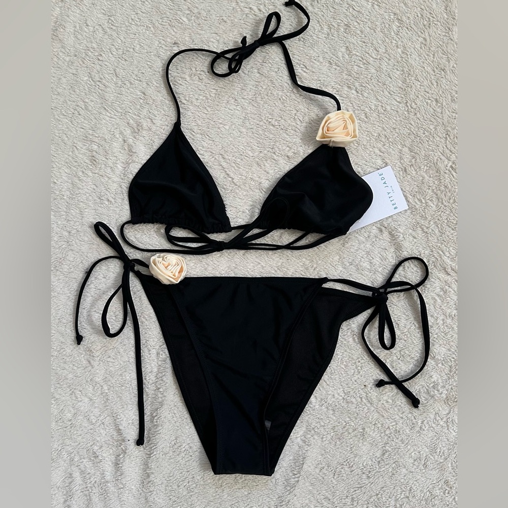 Black Tie-Side String Bikini with Floral Accent
